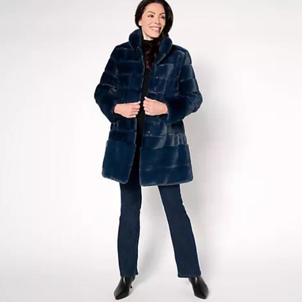 Dennis Basso Pelted Faux Fur Jacket/Coat with Stand Collar Size XL Slate Blue - Picture 3 of 6